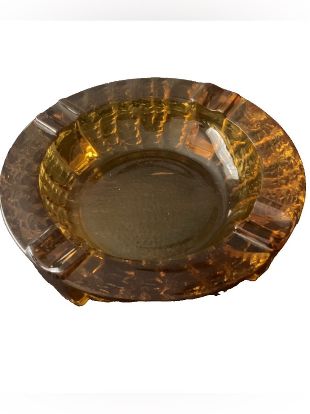 Vintage Ashtray Amber Glass Textured Pebble Exterior Finish MCM 4 Position